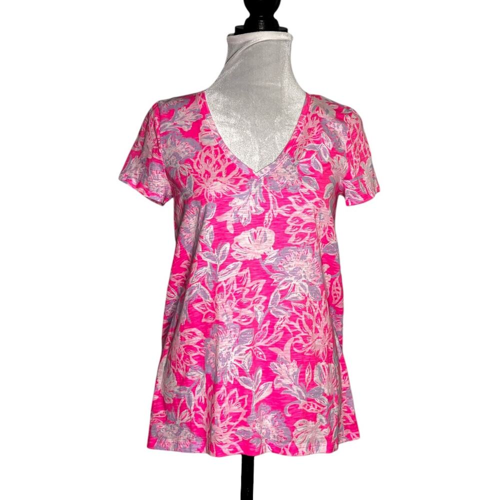 Lilly Pulitzer Etta V-Neck Tee Rousseau Pink Zen Garden Print Size Small